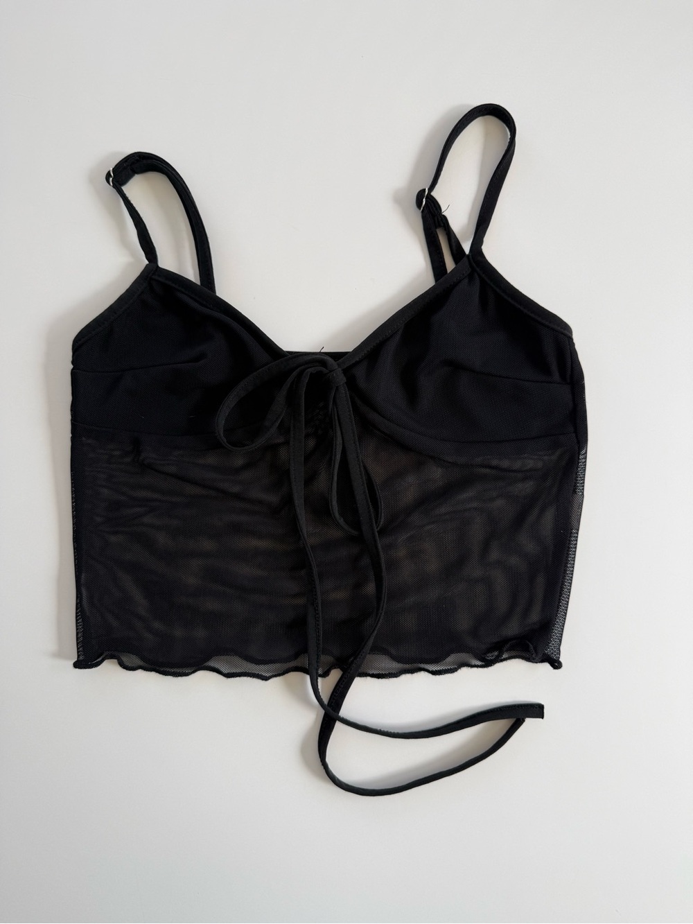 Black Cropped Cami Sheer Mesh Bodice Women’s Small Adjustable Straps Stretch